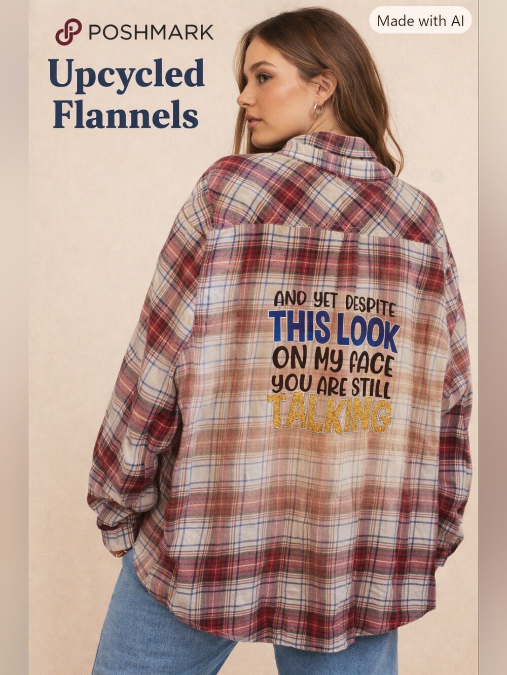 Upcycled XXL Plaid Flannel Shirt Funny Graphic Quote Red Beige Boho Grunge 0058